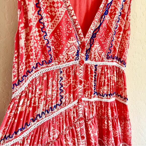 Rococo Sand x Revolve coral red and blue embroidered silk maxi dress - Picture 6 of 12